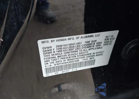 2018 Honda Pilot Ex-L z USA, uszkodzony, nr VIN 5FNYF6H64JB057690
